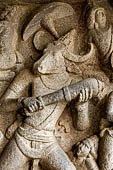 Mamallapuram - Tamil Nadu. the Mahishamardhini cave. The panel of Durga engaging Mahishasura.